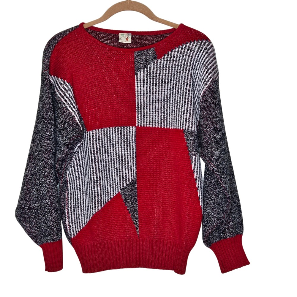 Vintage Top Shop Color Block Geometric Knit Sweater Red White Grey 80s 90s sz 10
